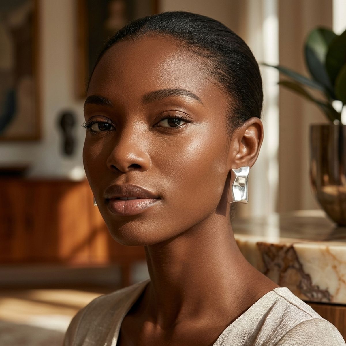 Stud Matte Silver Bent Rectangle Domed Earrings