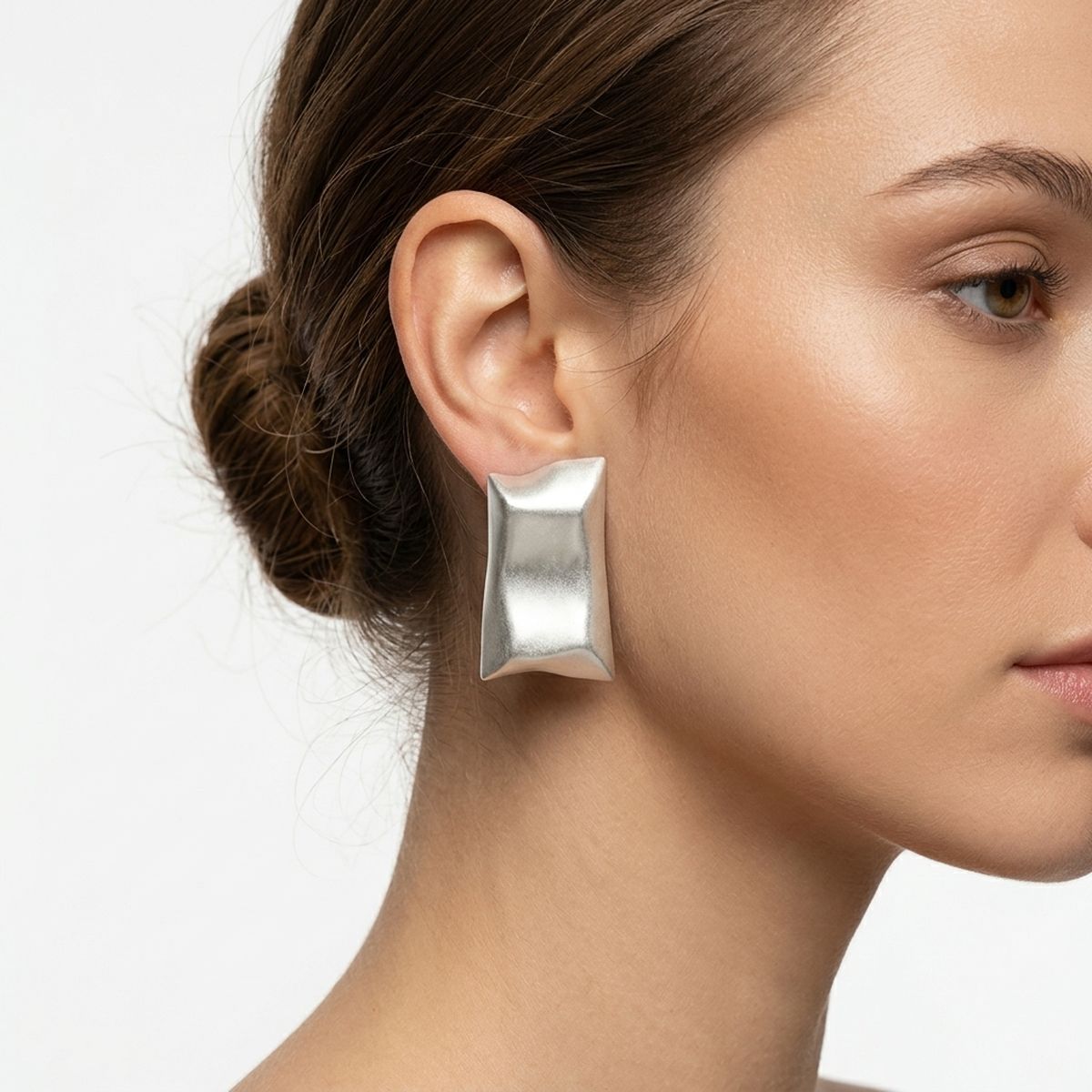 Stud Matte Silver Bent Rectangle Domed Earrings