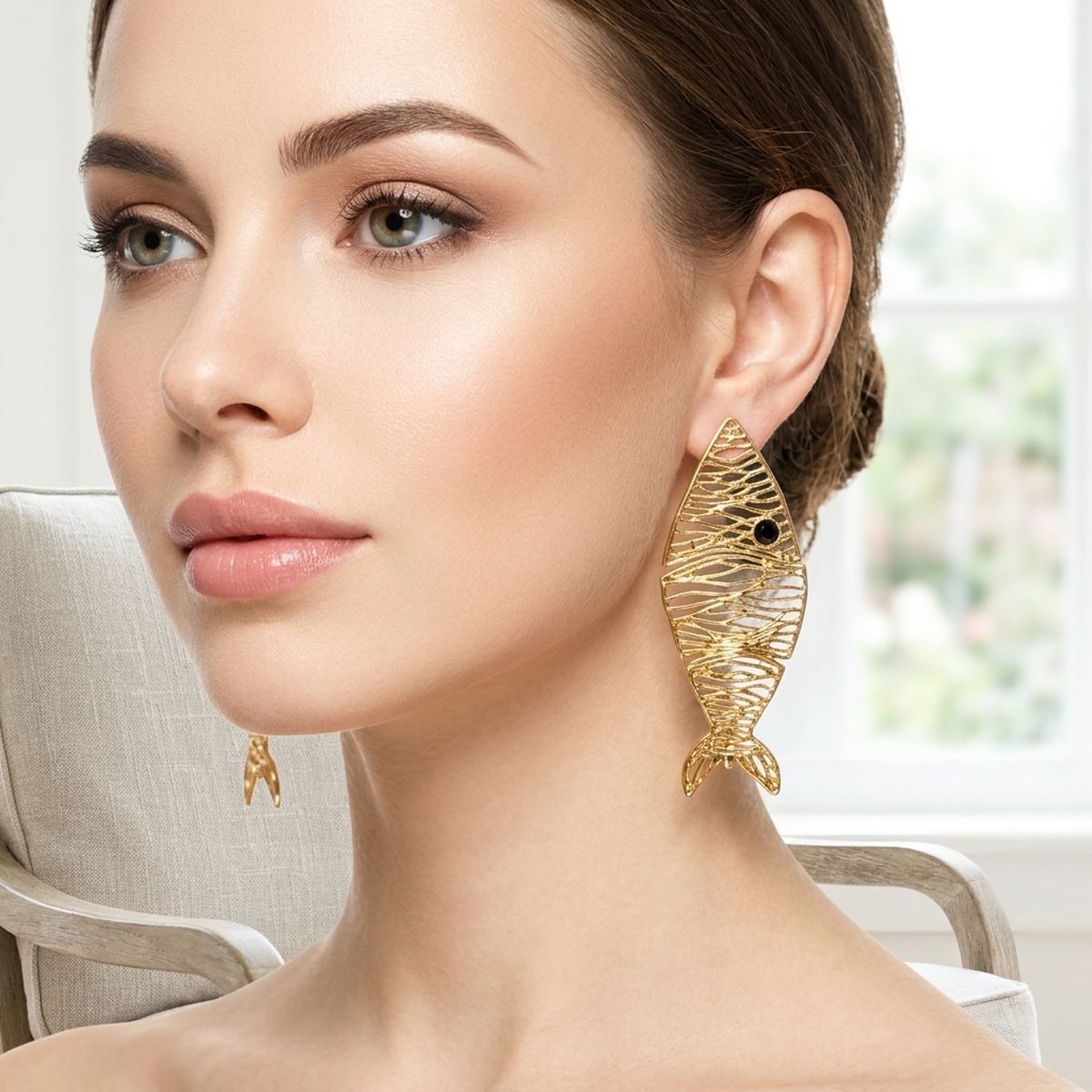 Gold Metal Disjointed Link Fish Drop Earrings