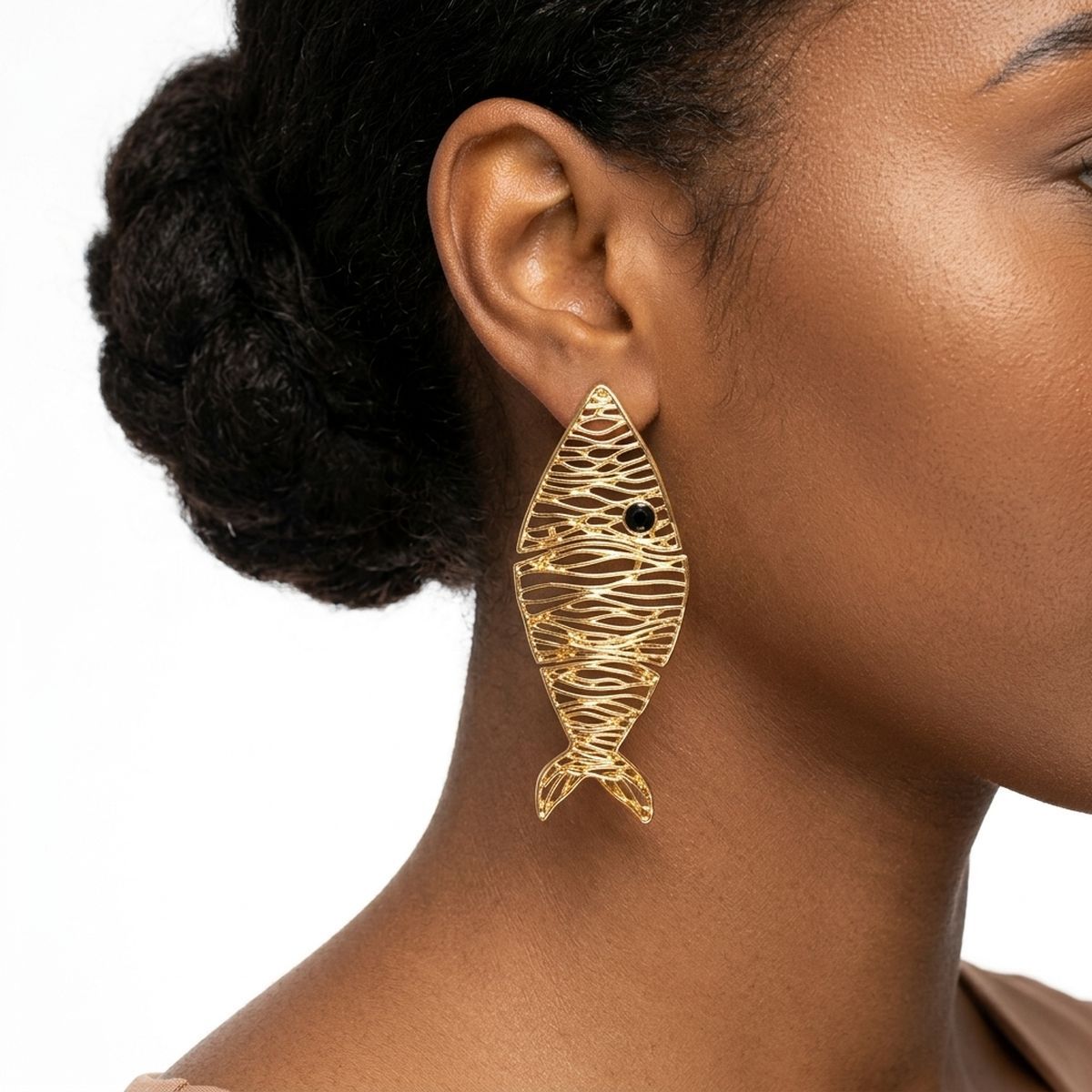 Gold Metal Disjointed Link Fish Drop Earrings