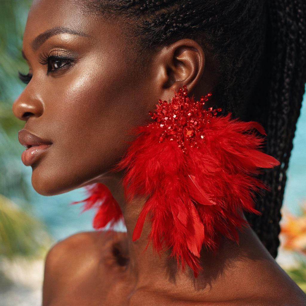 Red Beaded Cluster Long Feather Drop Earrings