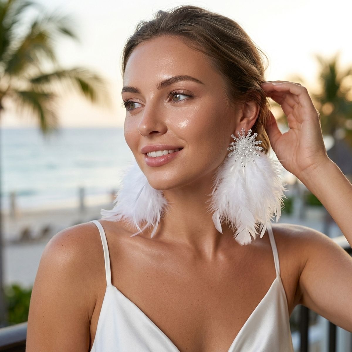 Clear Bead Cluster Long White Feather Drop Earrings