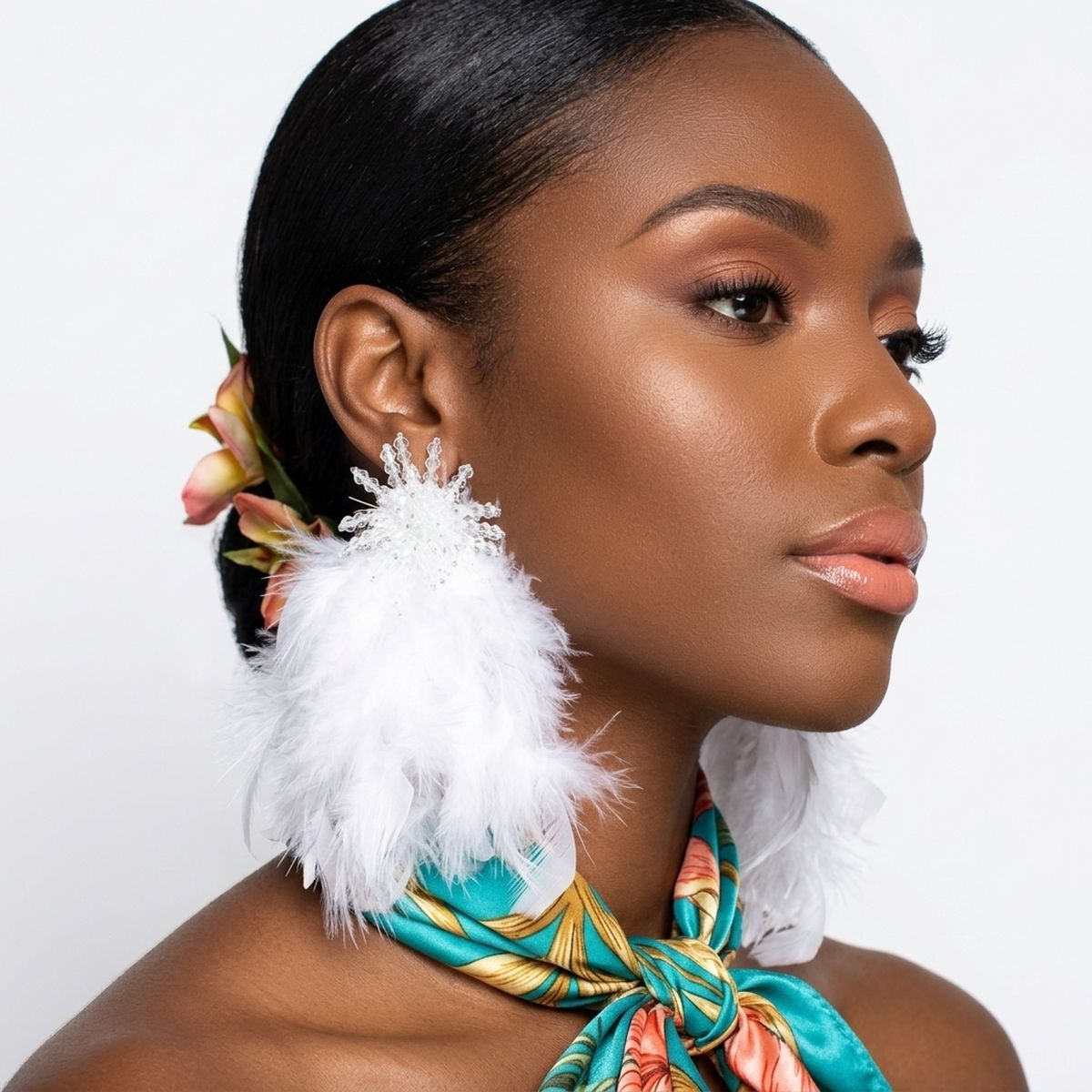 Clear Bead Cluster Long White Feather Drop Earrings