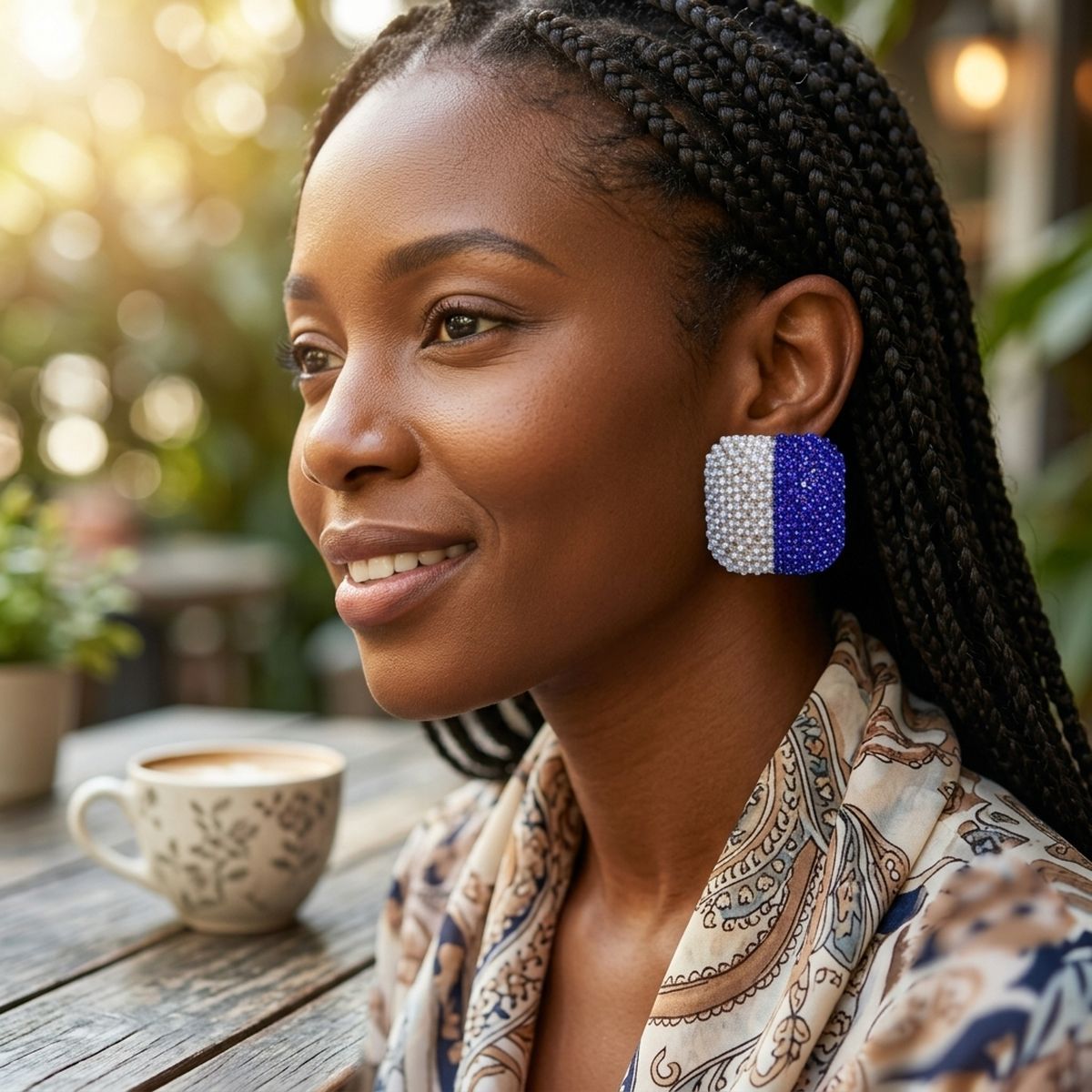 Blue White Beaded Square Studs