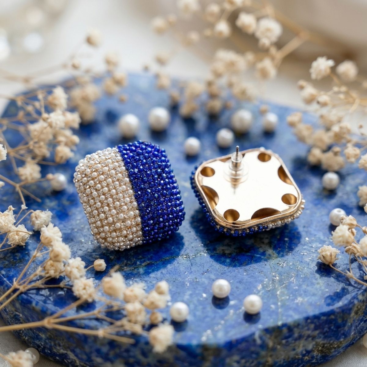 Blue White Beaded Square Studs