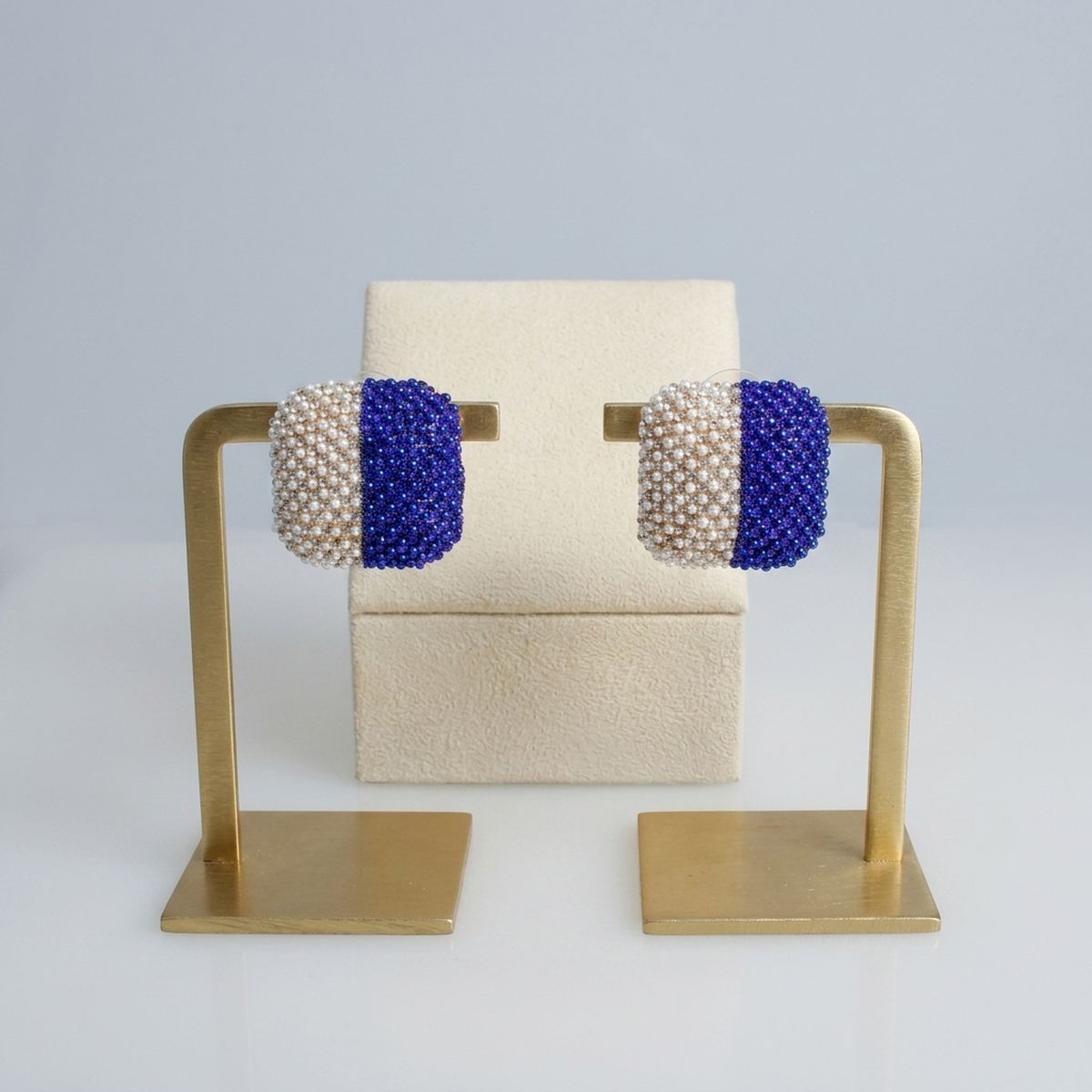 Blue White Beaded Square Studs