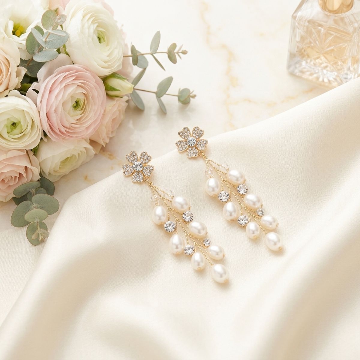 Dangle Gold Floral Cream Pearl Cascade Earrings