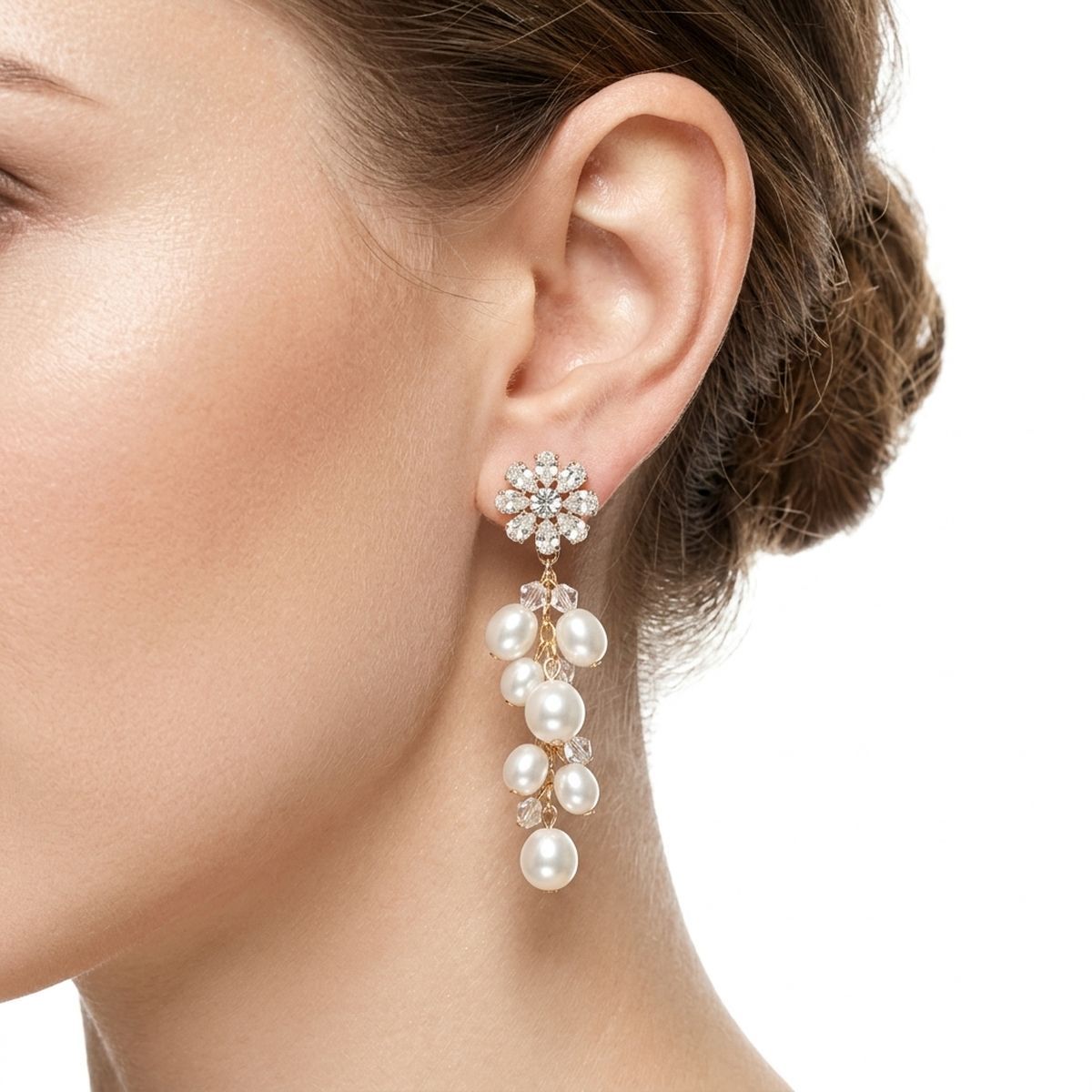 Dangle Gold Floral Cream Pearl Cascade Earrings