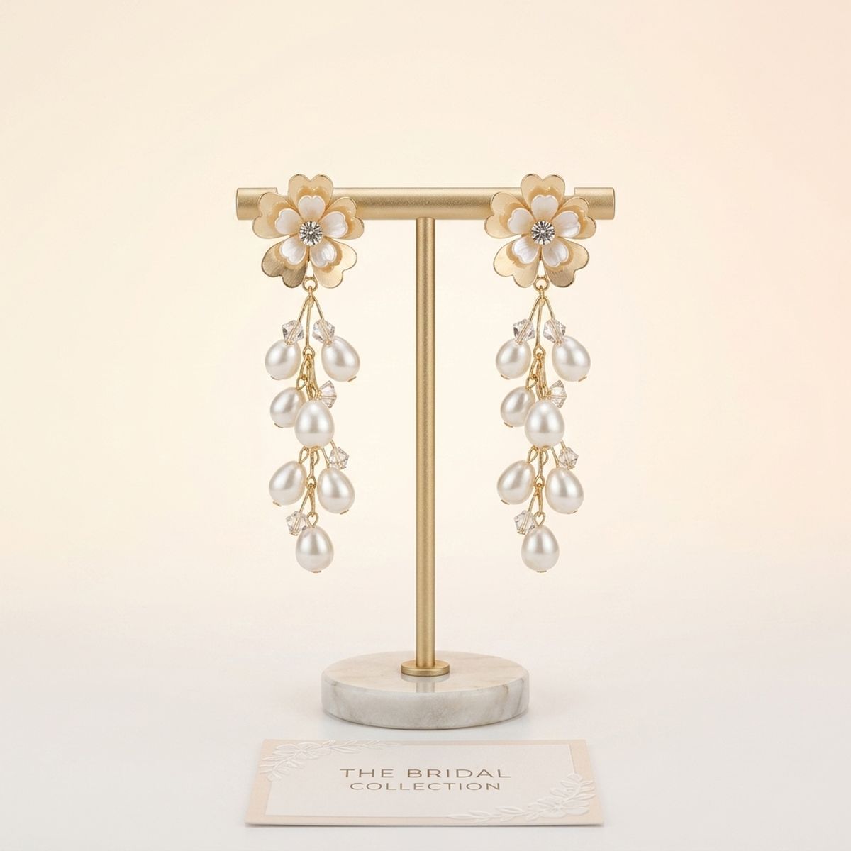 Dangle Gold Floral Cream Pearl Cascade Earrings