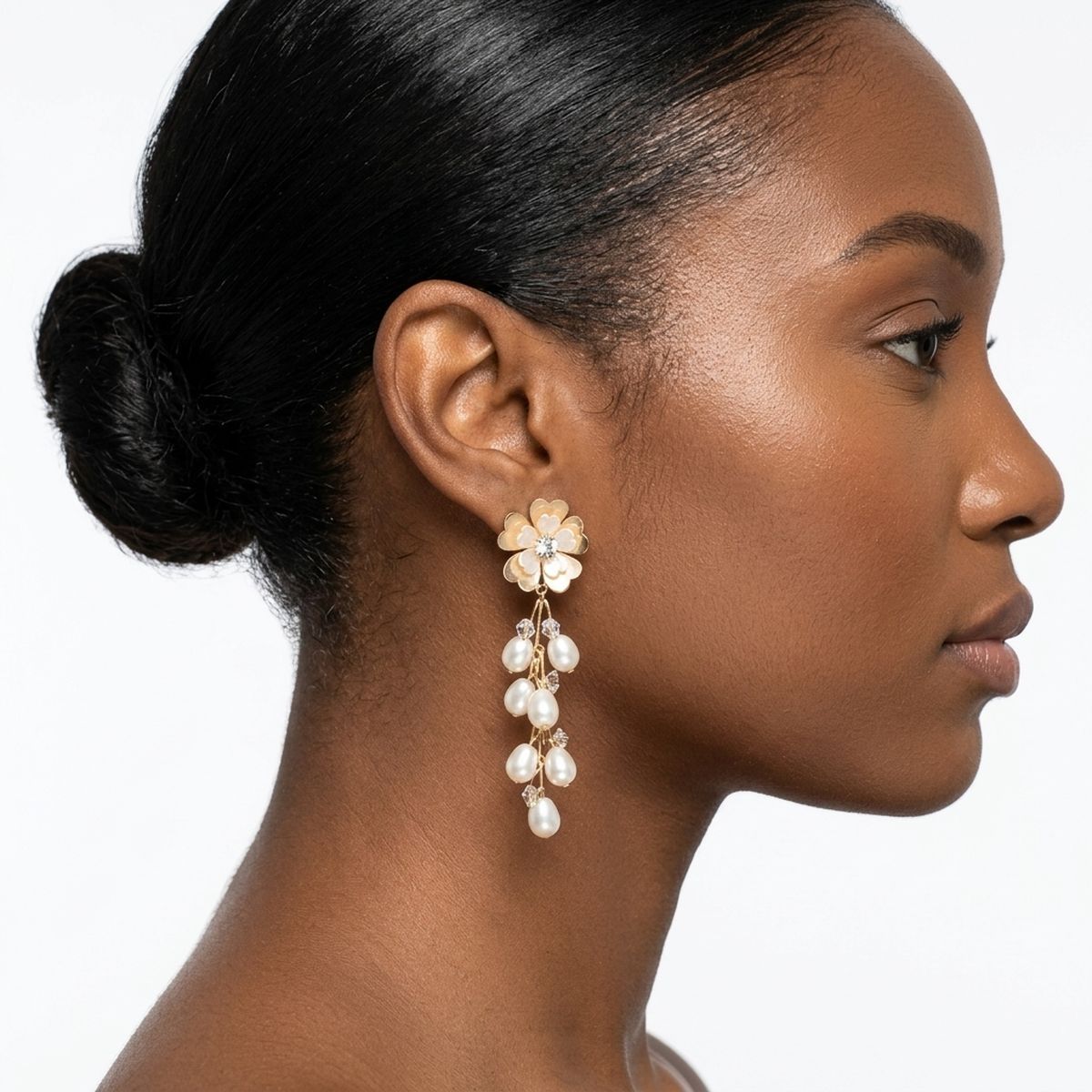 Dangle Gold Floral Cream Pearl Cascade Earrings