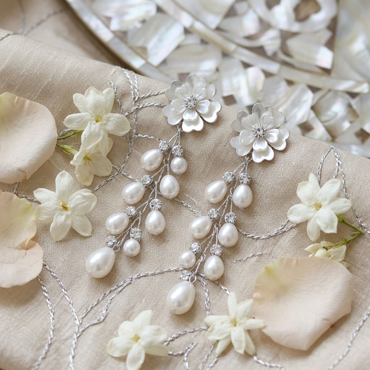 Dangle Silver Floral White Pearl Cascade Earrings