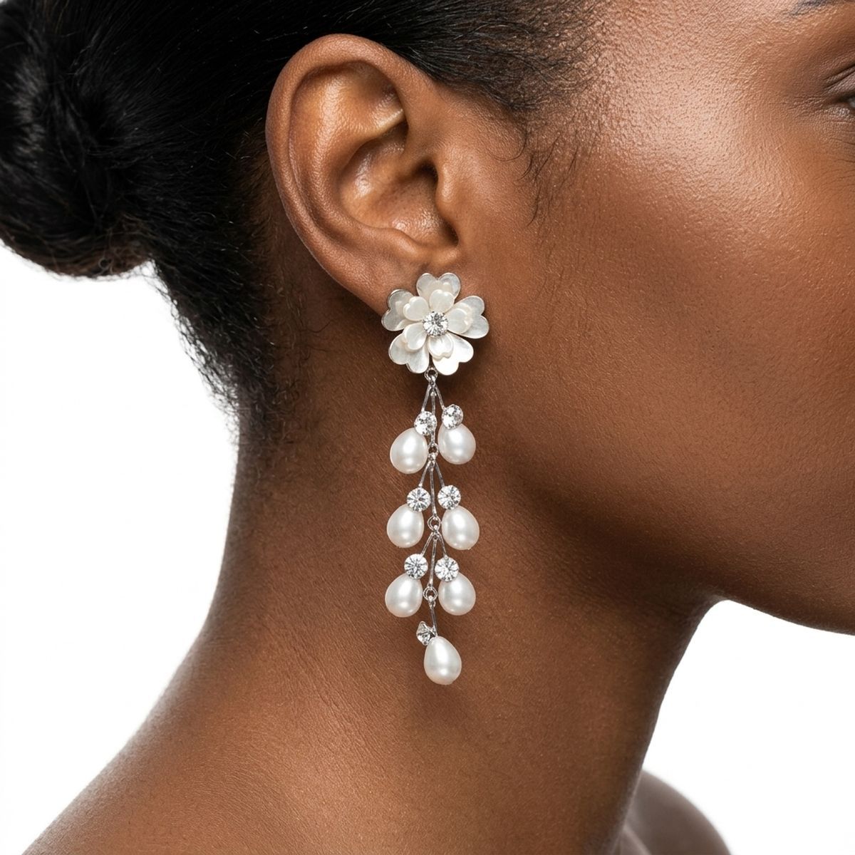 Dangle Silver Floral White Pearl Cascade Earrings