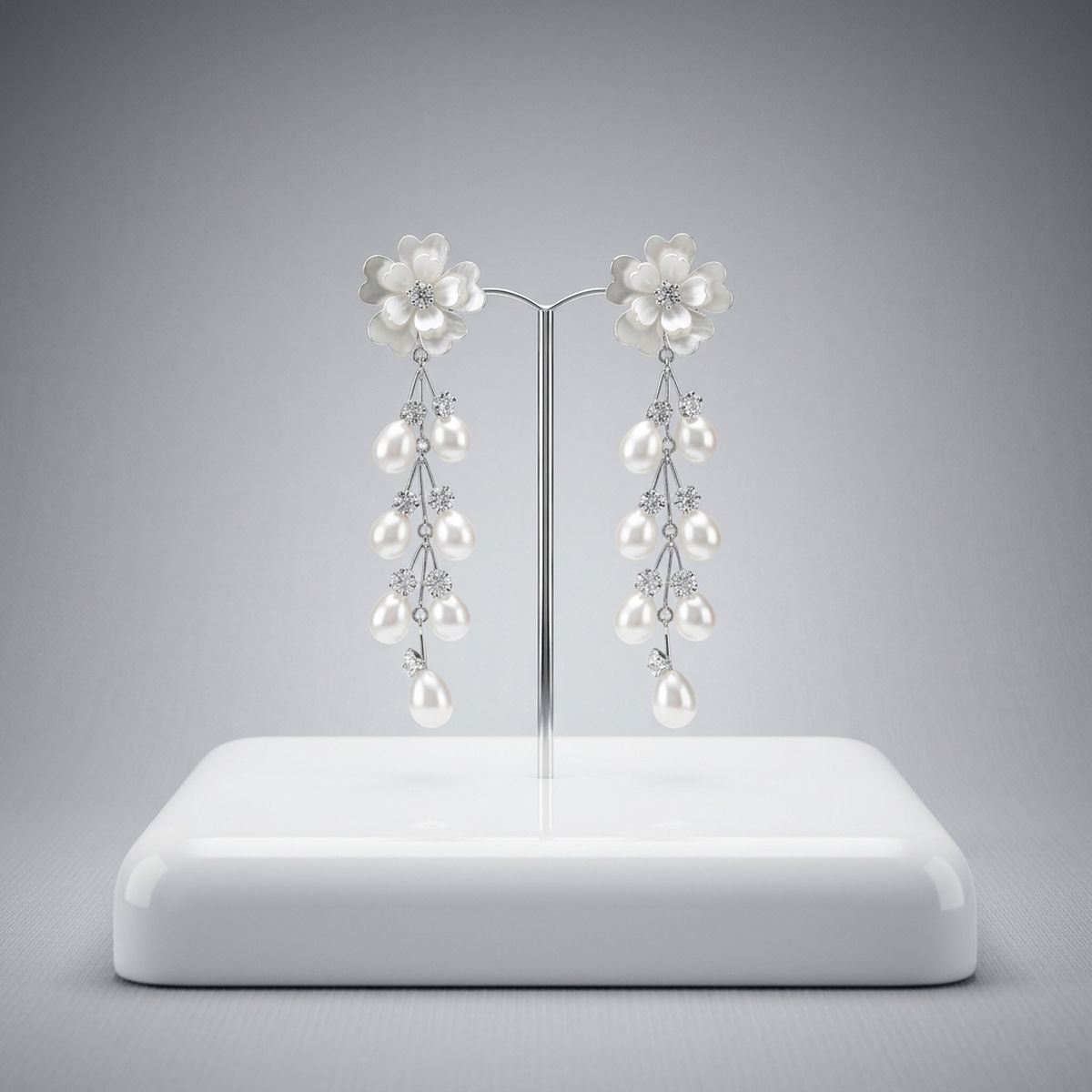 Dangle Silver Floral White Pearl Cascade Earrings