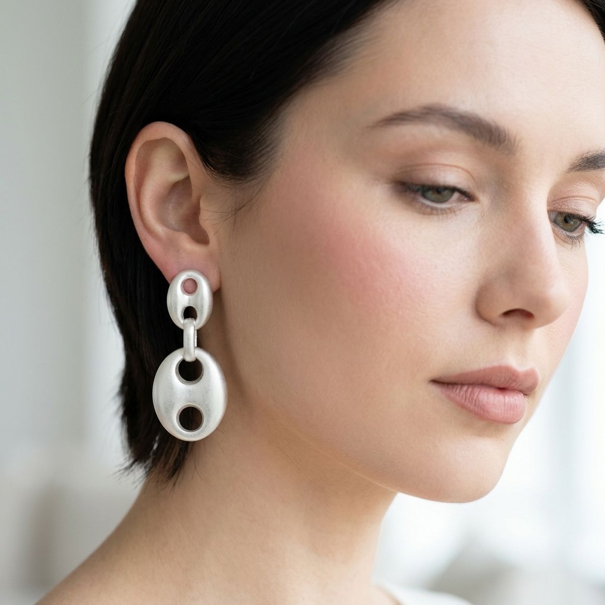 Dangle Matte Silver Puffy Anchor Link Earrings
