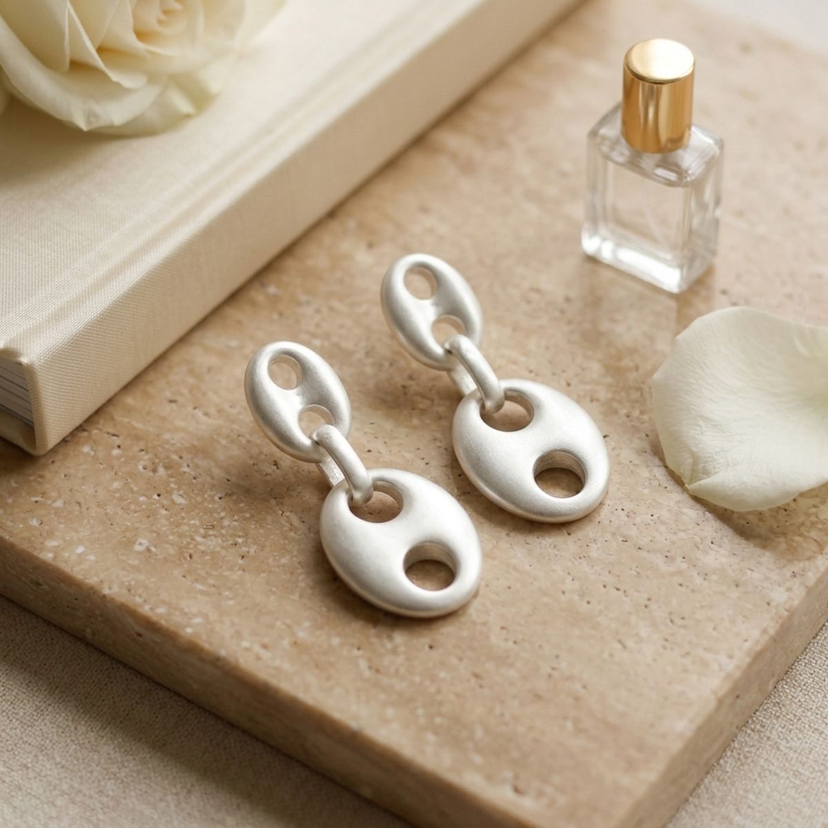 Dangle Matte Silver Puffy Anchor Link Earrings