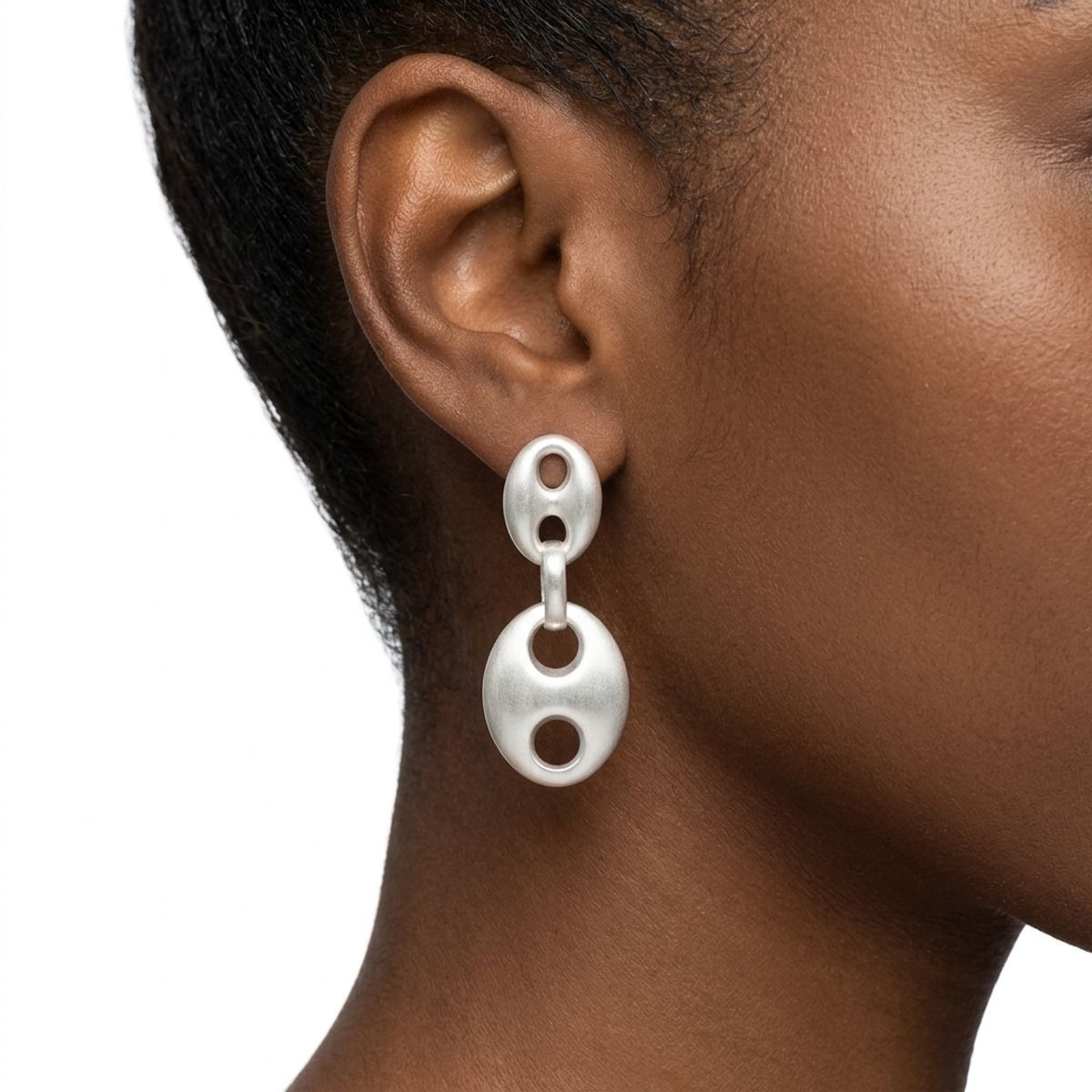 Dangle Matte Silver Puffy Anchor Link Earrings