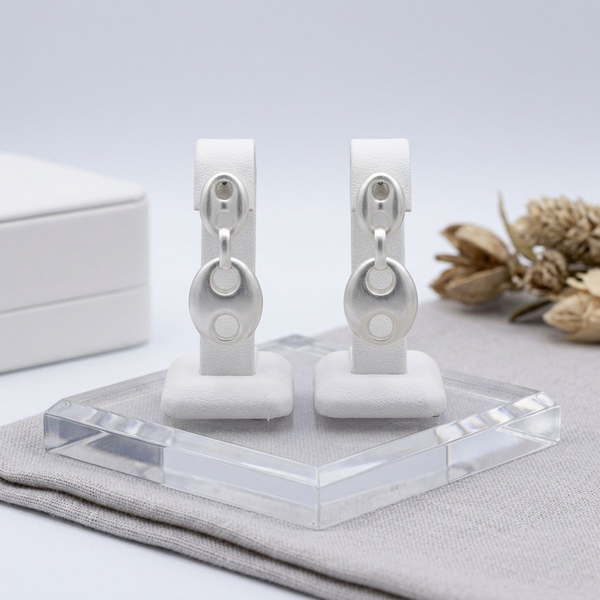 Dangle Matte Silver Puffy Anchor Link Earrings