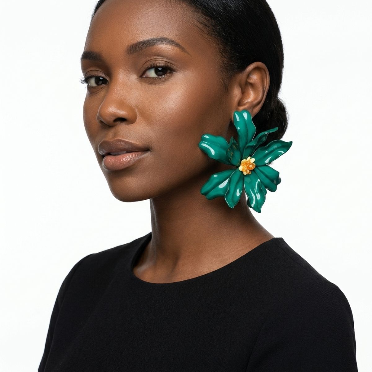 Stud Green Flower Oversized Wavy Petal Earrings