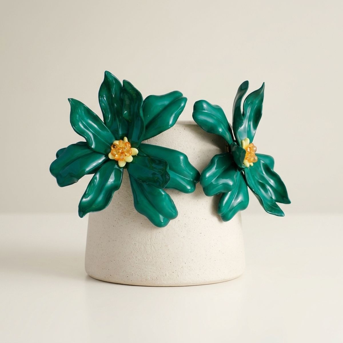 Stud Green Flower Oversized Wavy Petal Earrings