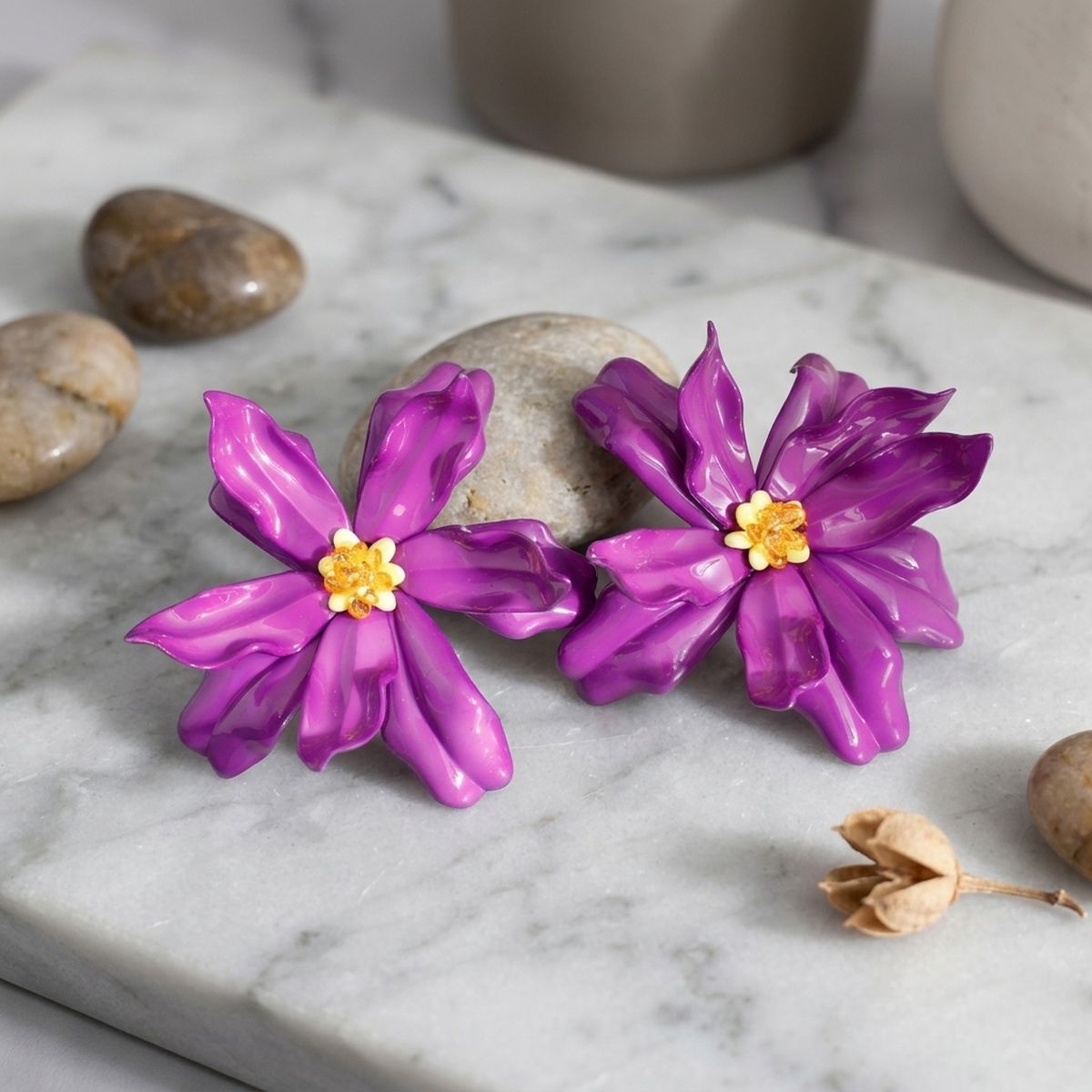Stud Purple Flower Oversized Wavy Petal Earrings