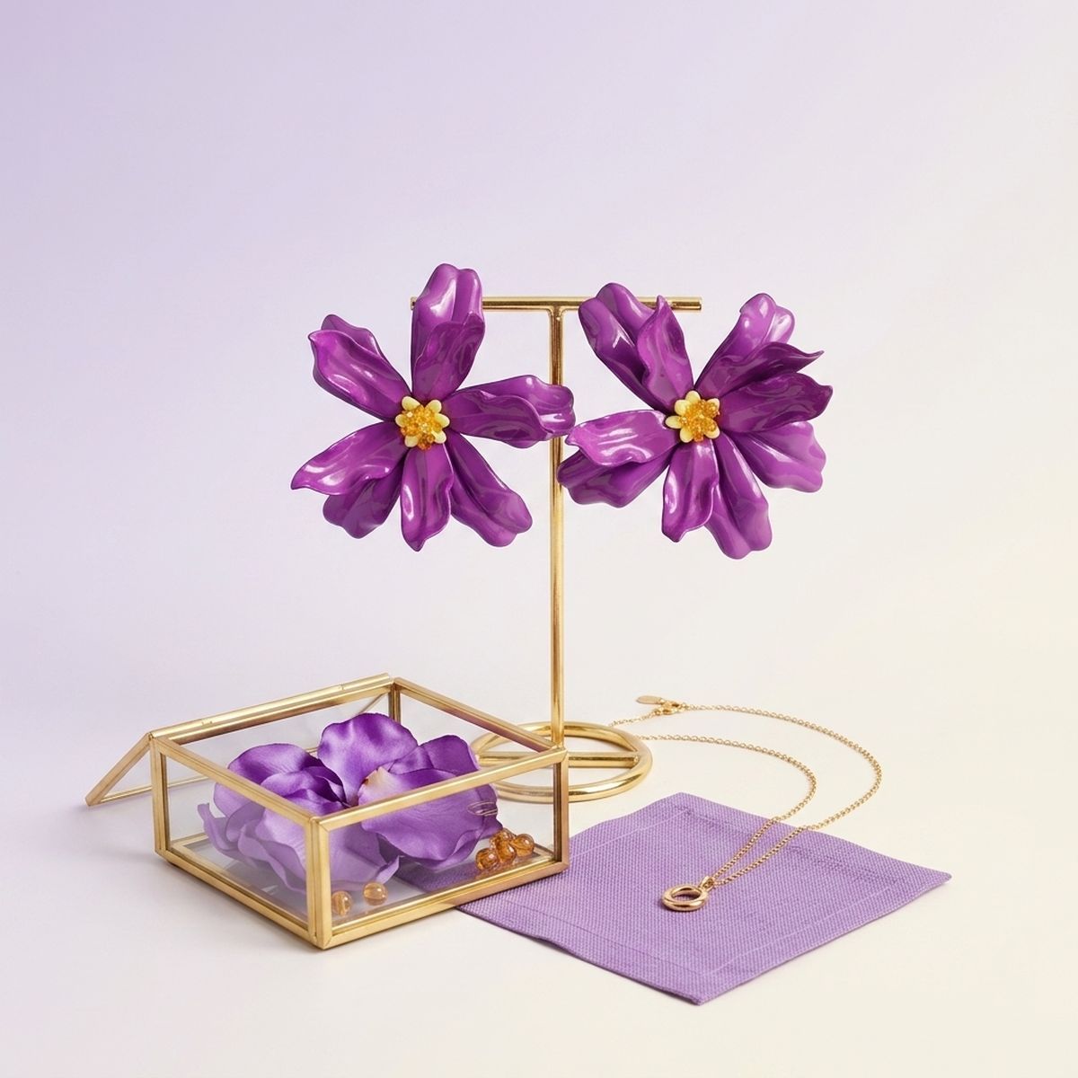 Stud Purple Flower Oversized Wavy Petal Earrings