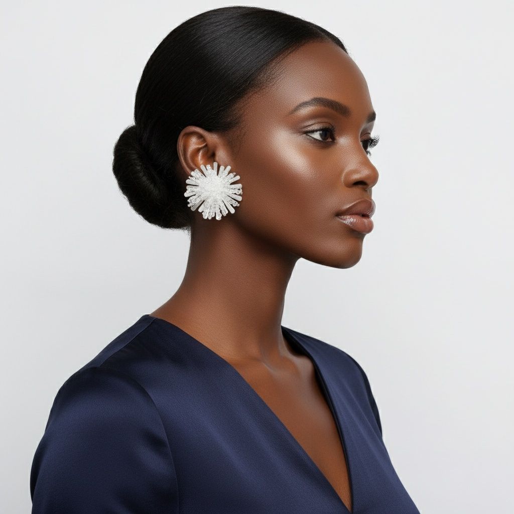 Stud Clear Cluster Silver Flower Petal Earrings