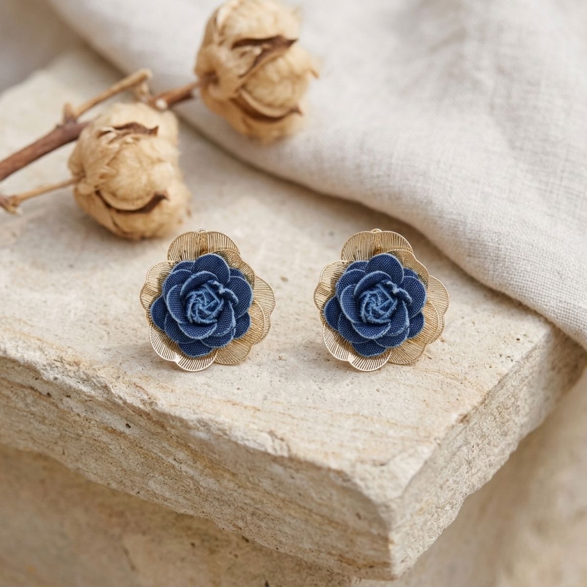Stud Medium Blue Denim Rose Die Cut Earrings