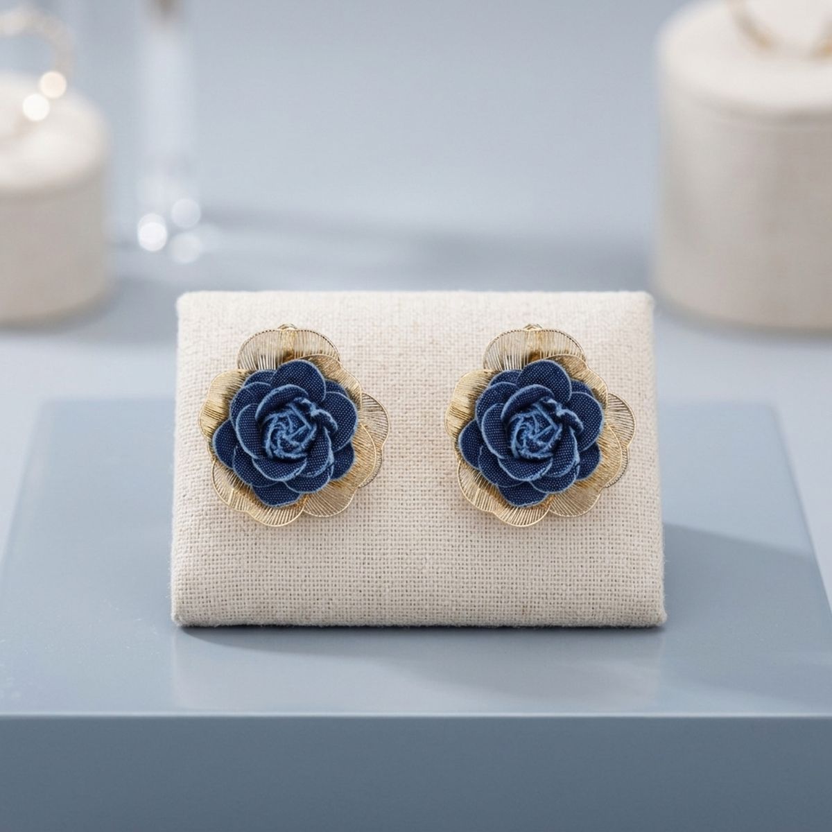 Stud Medium Blue Denim Rose Die Cut Earrings
