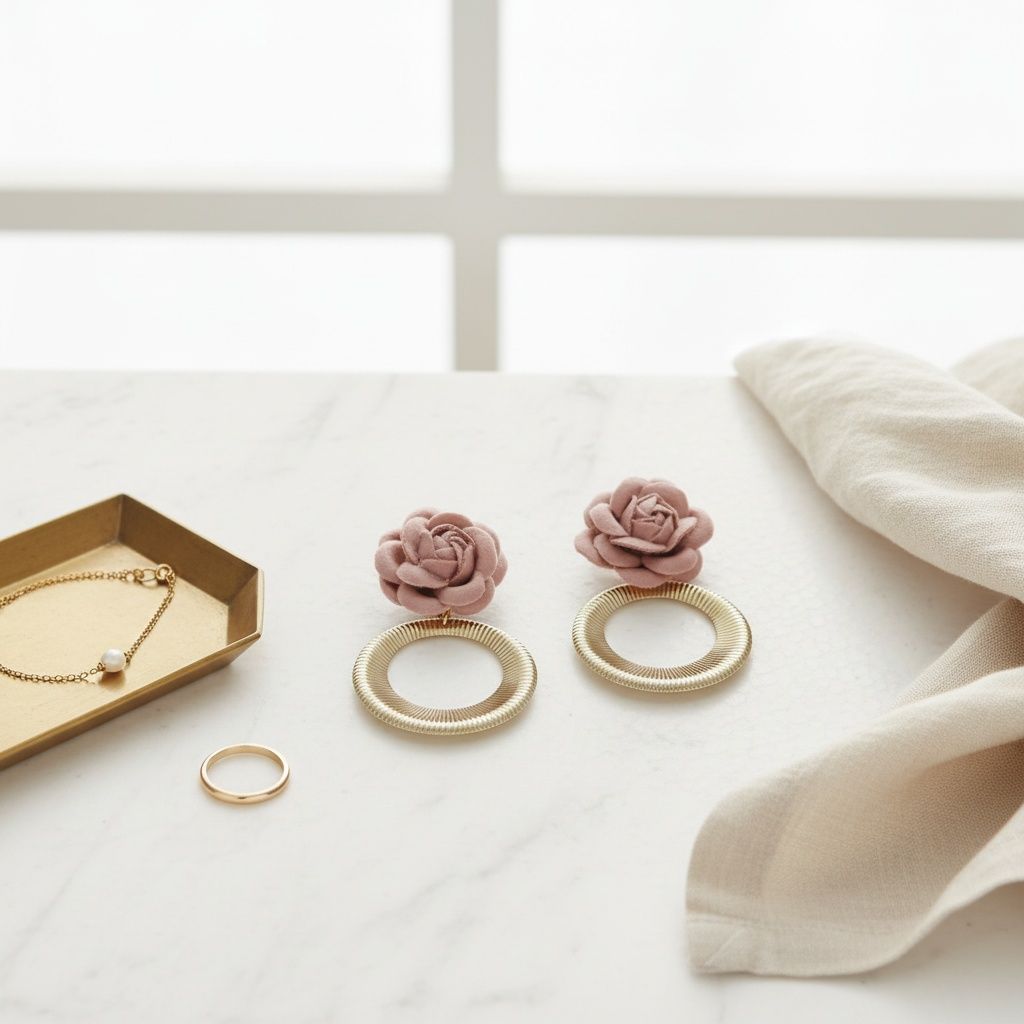 Drop Pale Pink Rose Felt Petal Ribbed Ring Earrings
