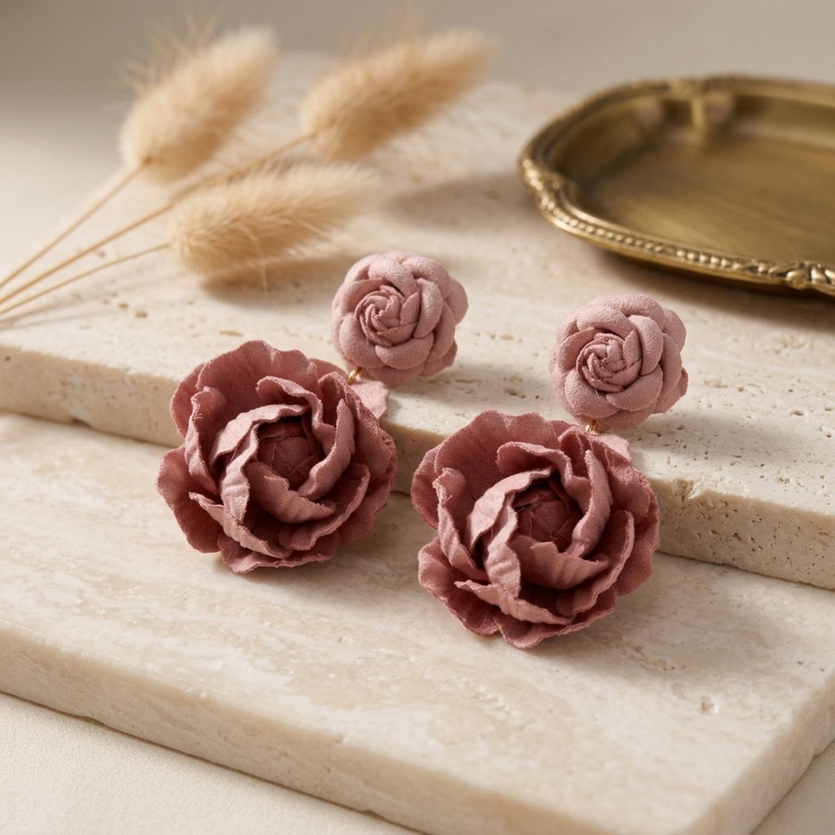 Drop Dusty Pink Double Rose Flower Felt Earrings