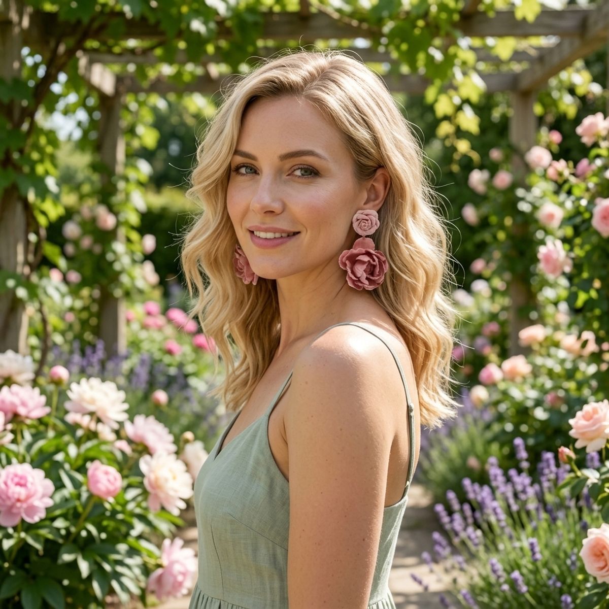 Drop Dusty Pink Double Rose Flower Felt Earrings