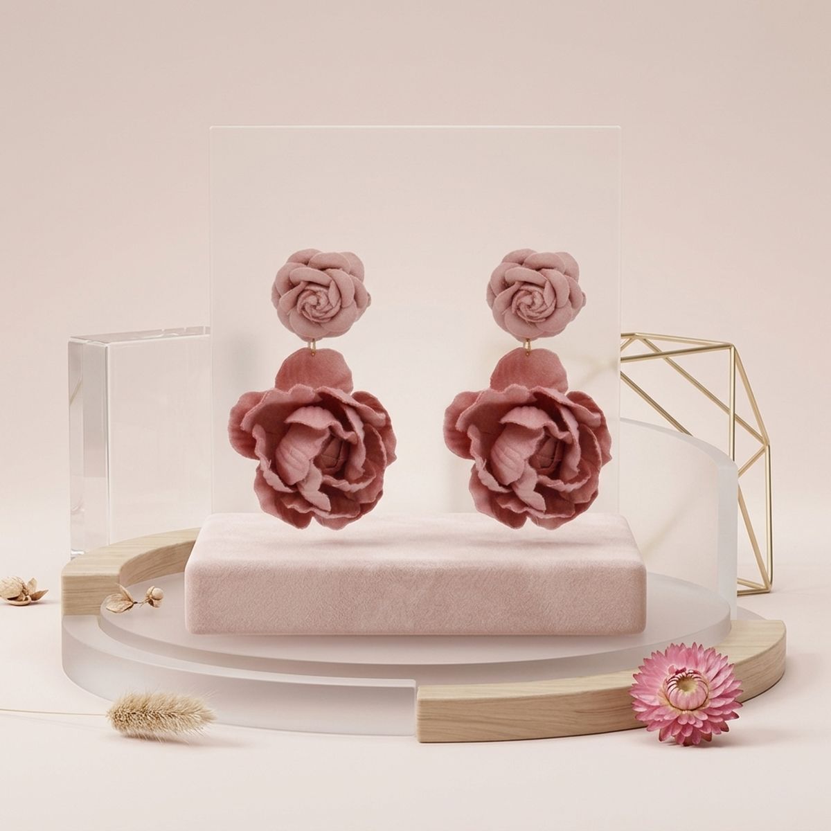 Drop Dusty Pink Double Rose Flower Felt Earrings