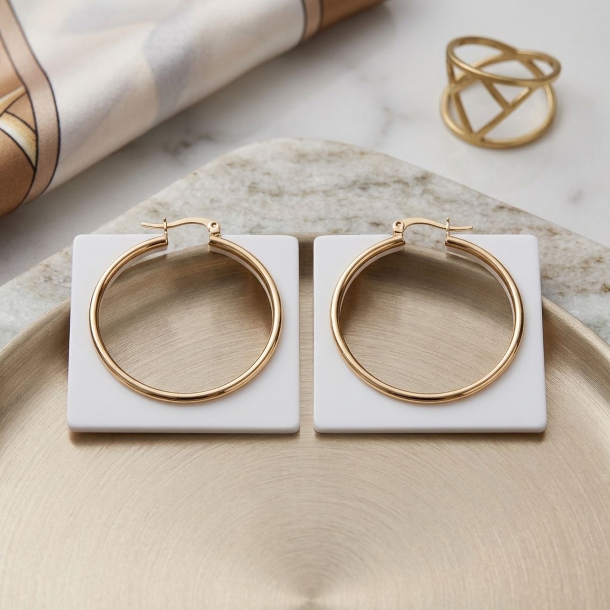 Hoop Bright White Square Acrylic Gold Earrings