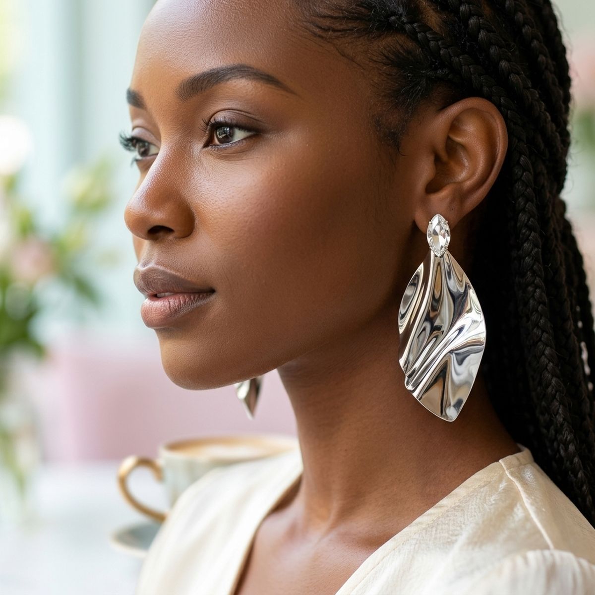 Silver Bent Metal Marquise Crystal Drop Earrings