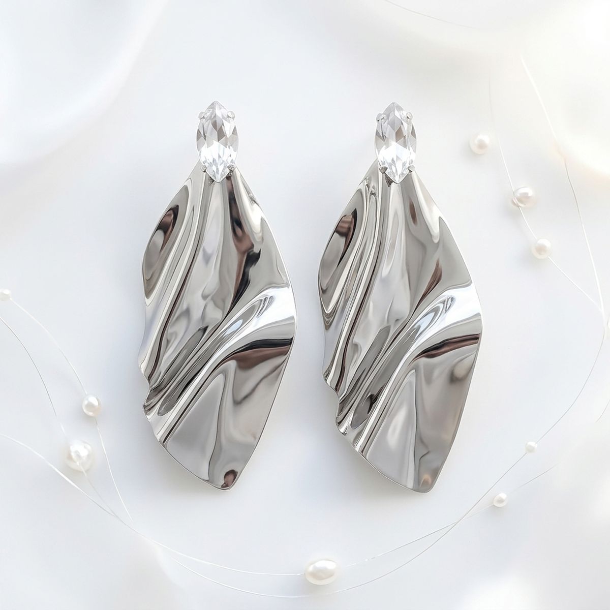 Silver Bent Metal Marquise Crystal Drop Earrings