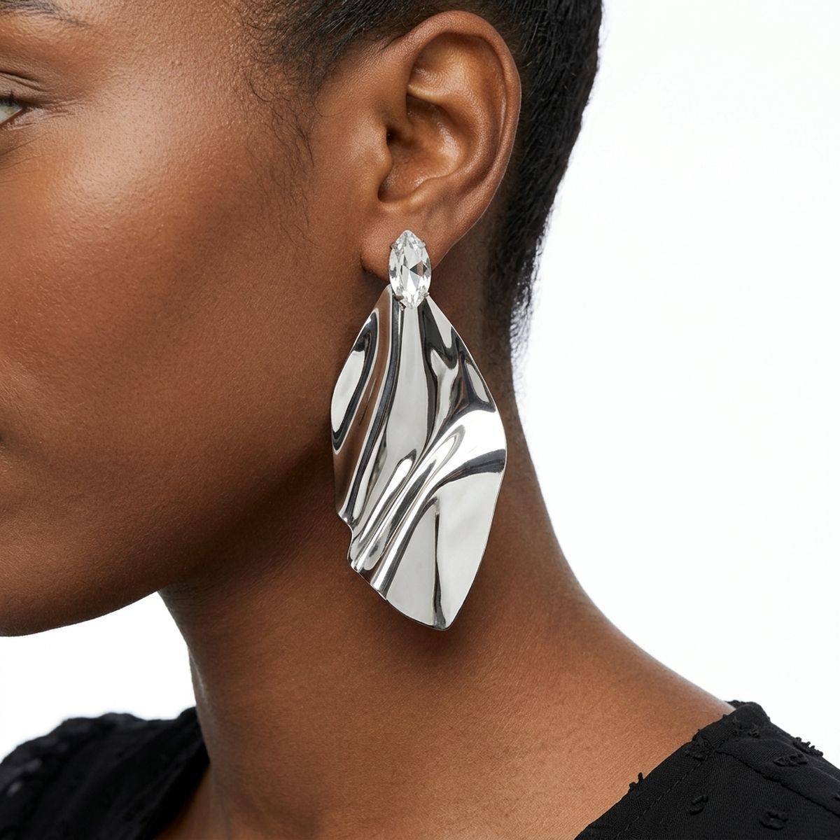 Silver Bent Metal Marquise Crystal Drop Earrings