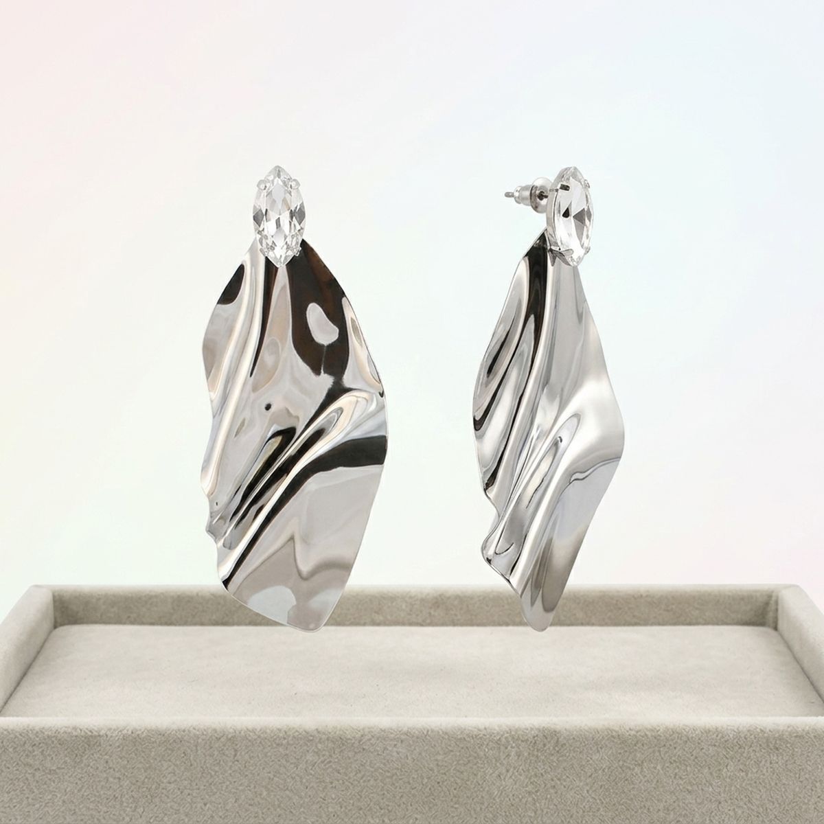 Silver Bent Metal Marquise Crystal Drop Earrings