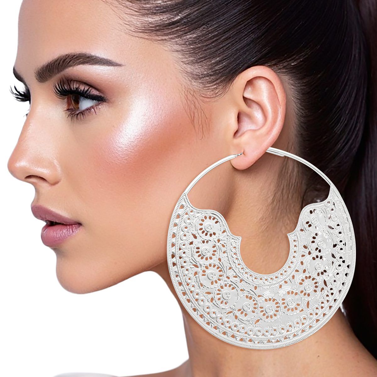Hoop Intricate Filigree Large Boho Silver Earrings