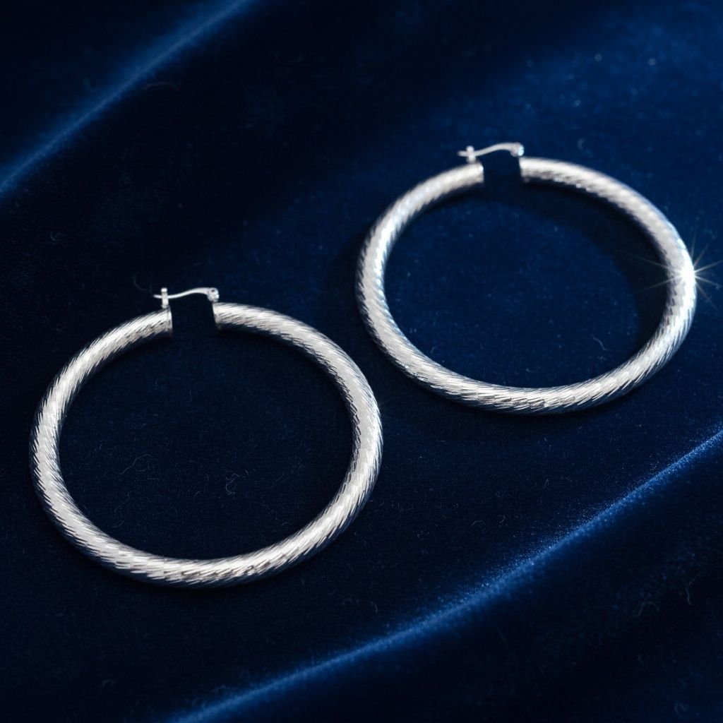 Hoop Silver Polished Line Diamond Cut Earrings