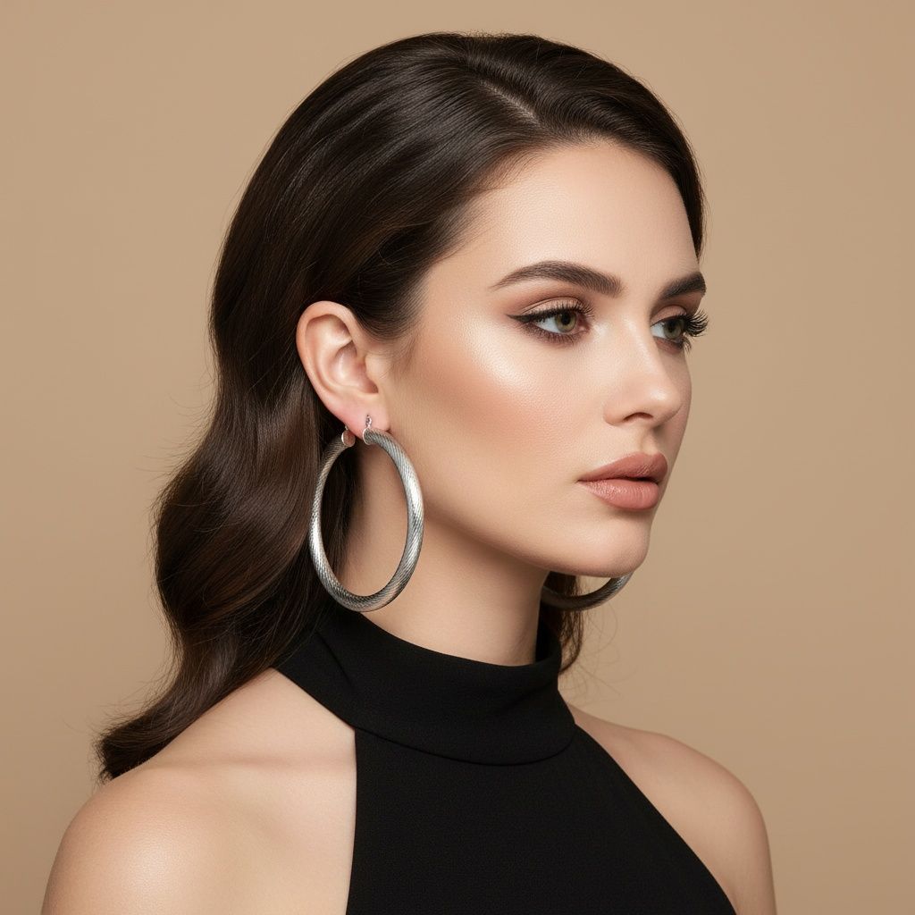 Hoop Silver Polished Line Diamond Cut Earrings