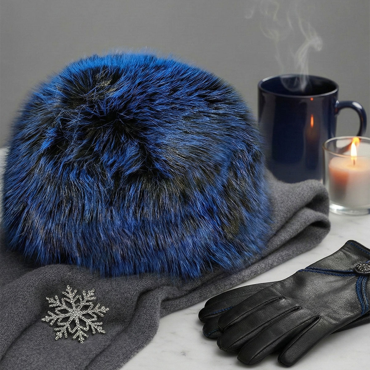 Hat Luxe Faux Fur Blue Kubanka Winter Cap Women
