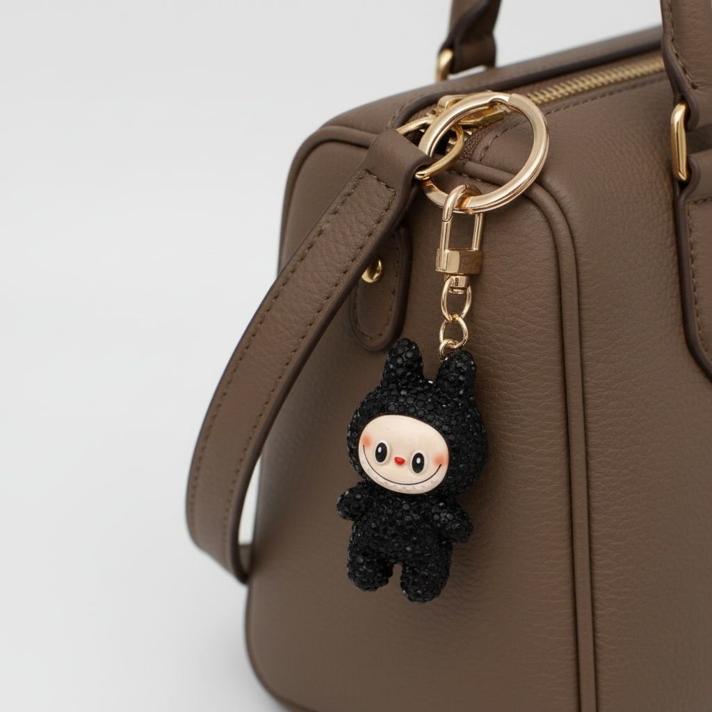 Rhinestone Phone Wrist Strap Black Labubu Keychain