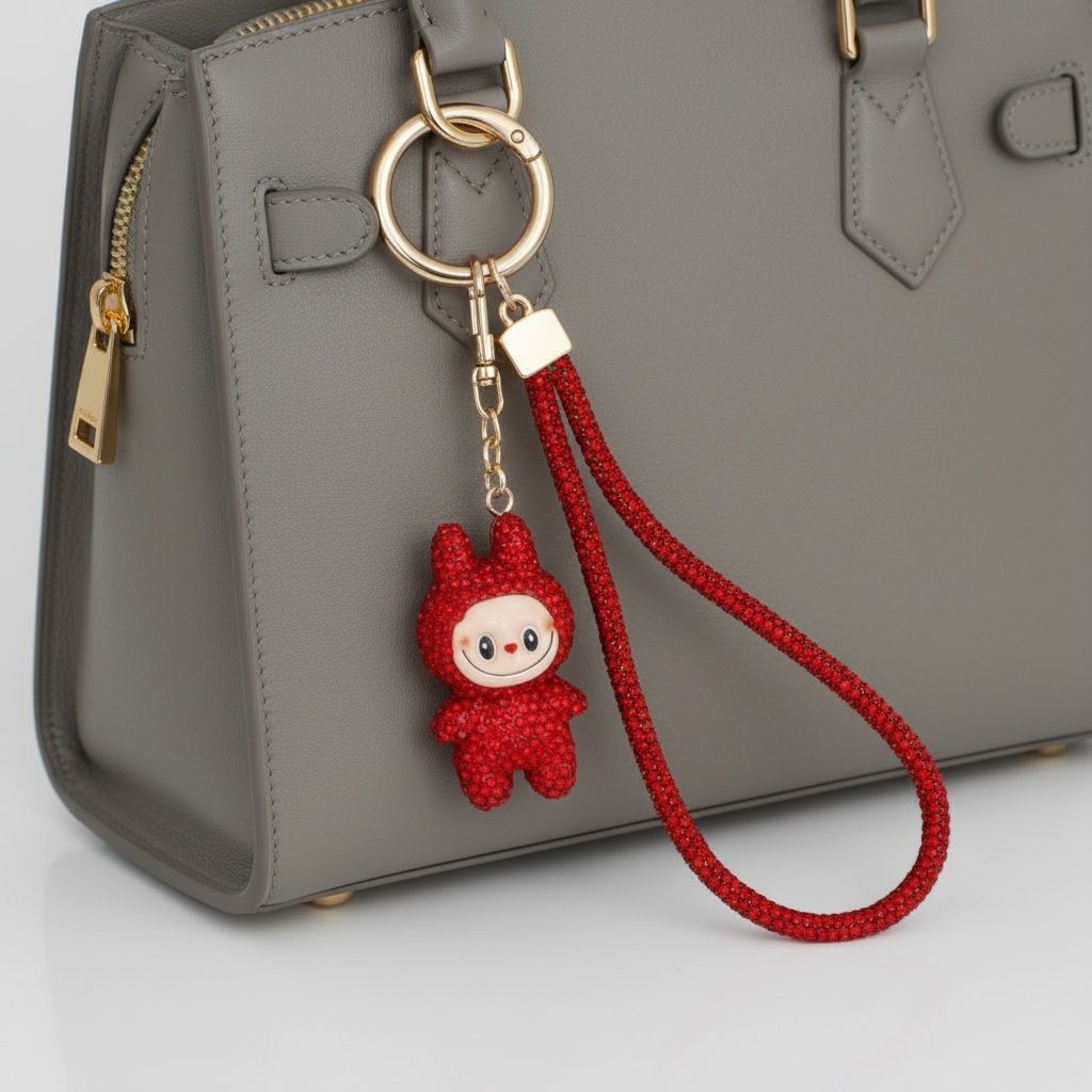 Rhinestone Phone Wrist Strap Red Labubu Keychain