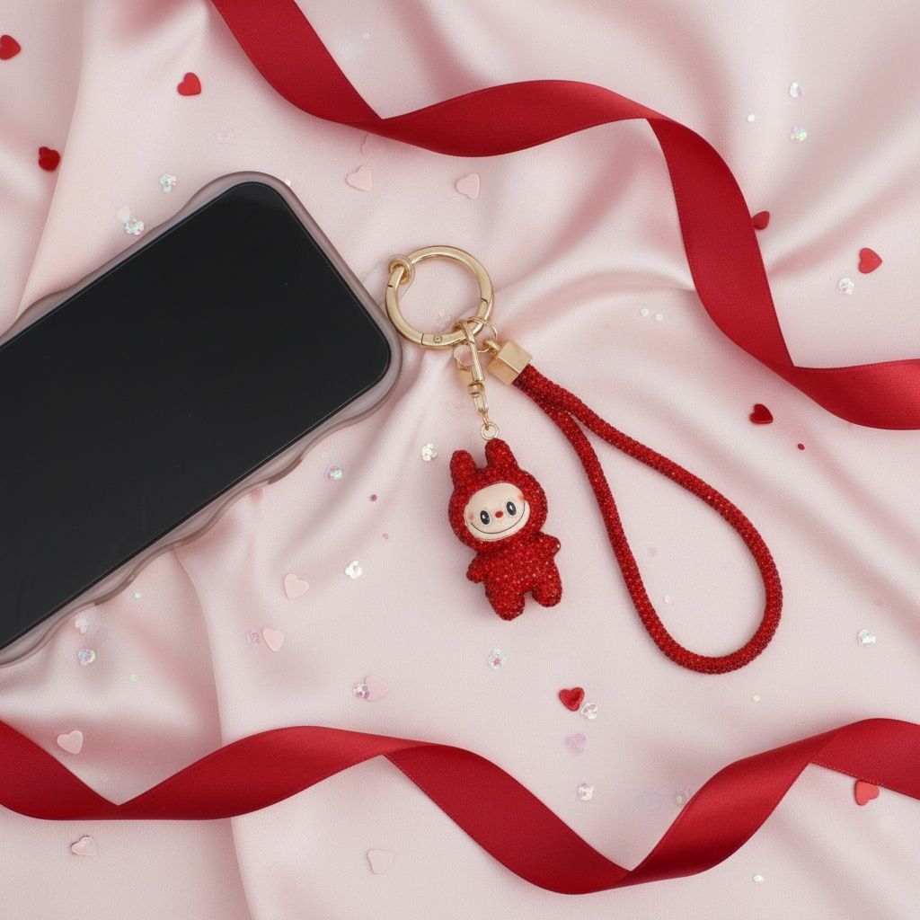 Rhinestone Phone Wrist Strap Red Labubu Keychain