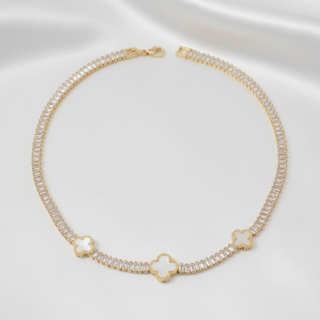 Tennis Gold CZ Baguette White Quatrefoil Necklace