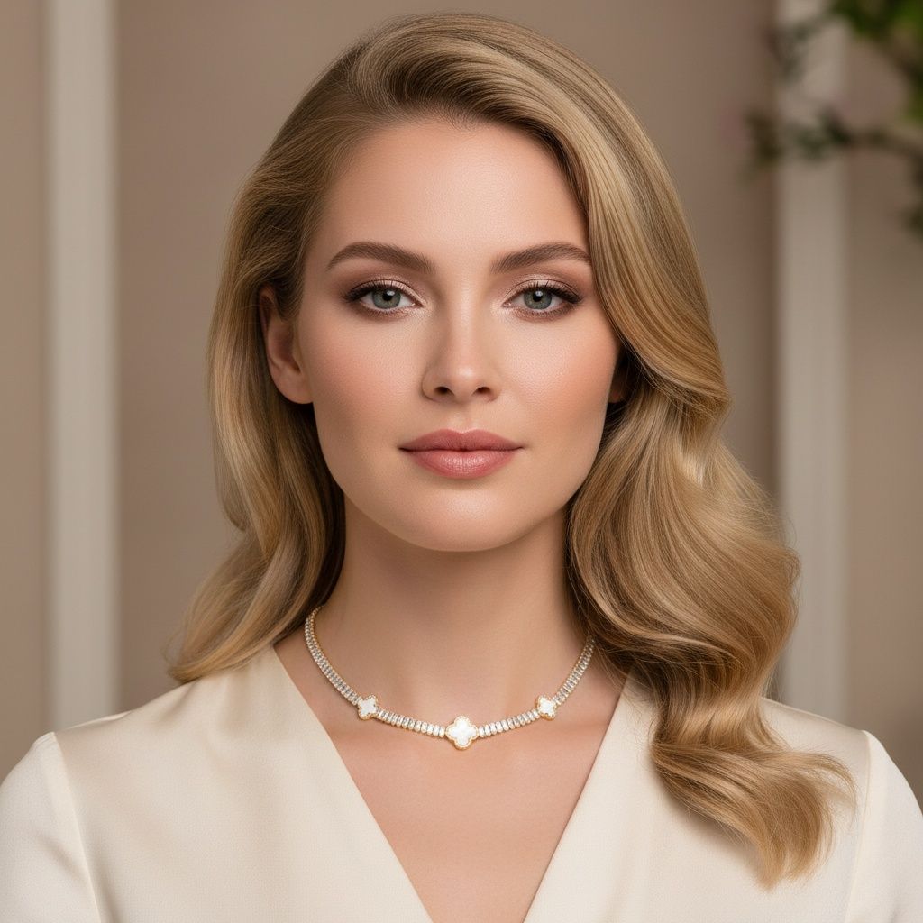 Tennis Gold CZ Baguette White Quatrefoil Necklace