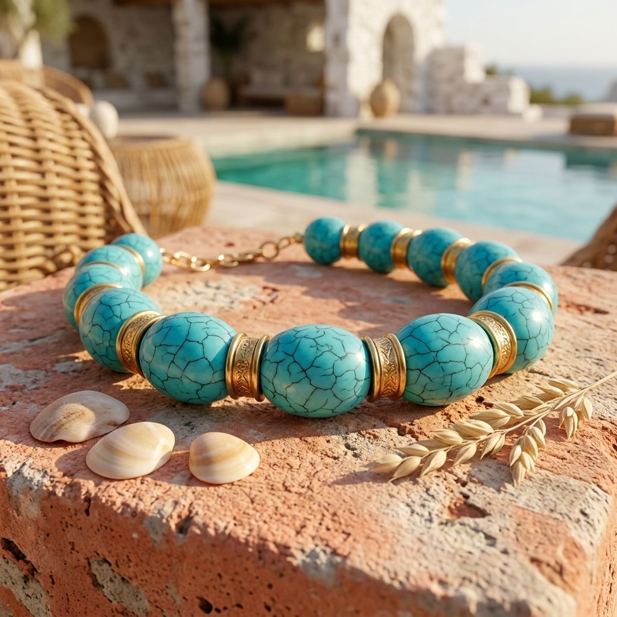 Chunky Turquoise Crackle & Gold Spacer Necklace
