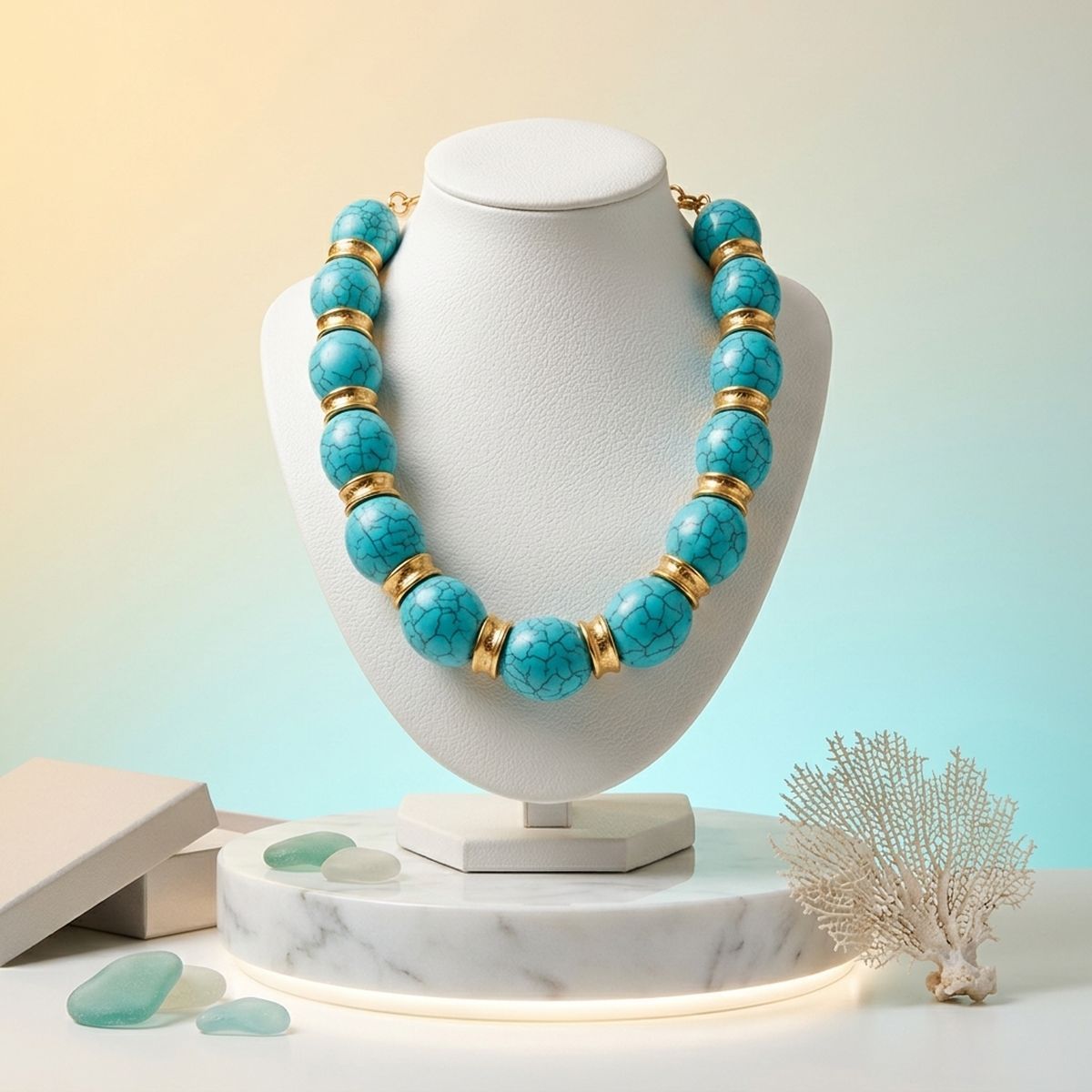 Chunky Turquoise Crackle & Gold Spacer Necklace