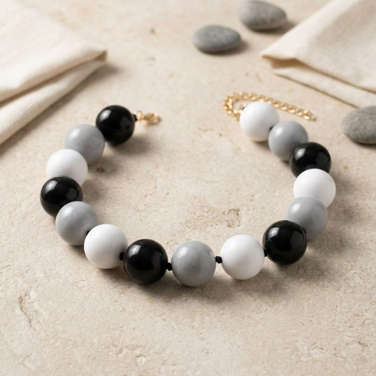 Mod Style Tricolor Black Tone Chunky Bead Necklace