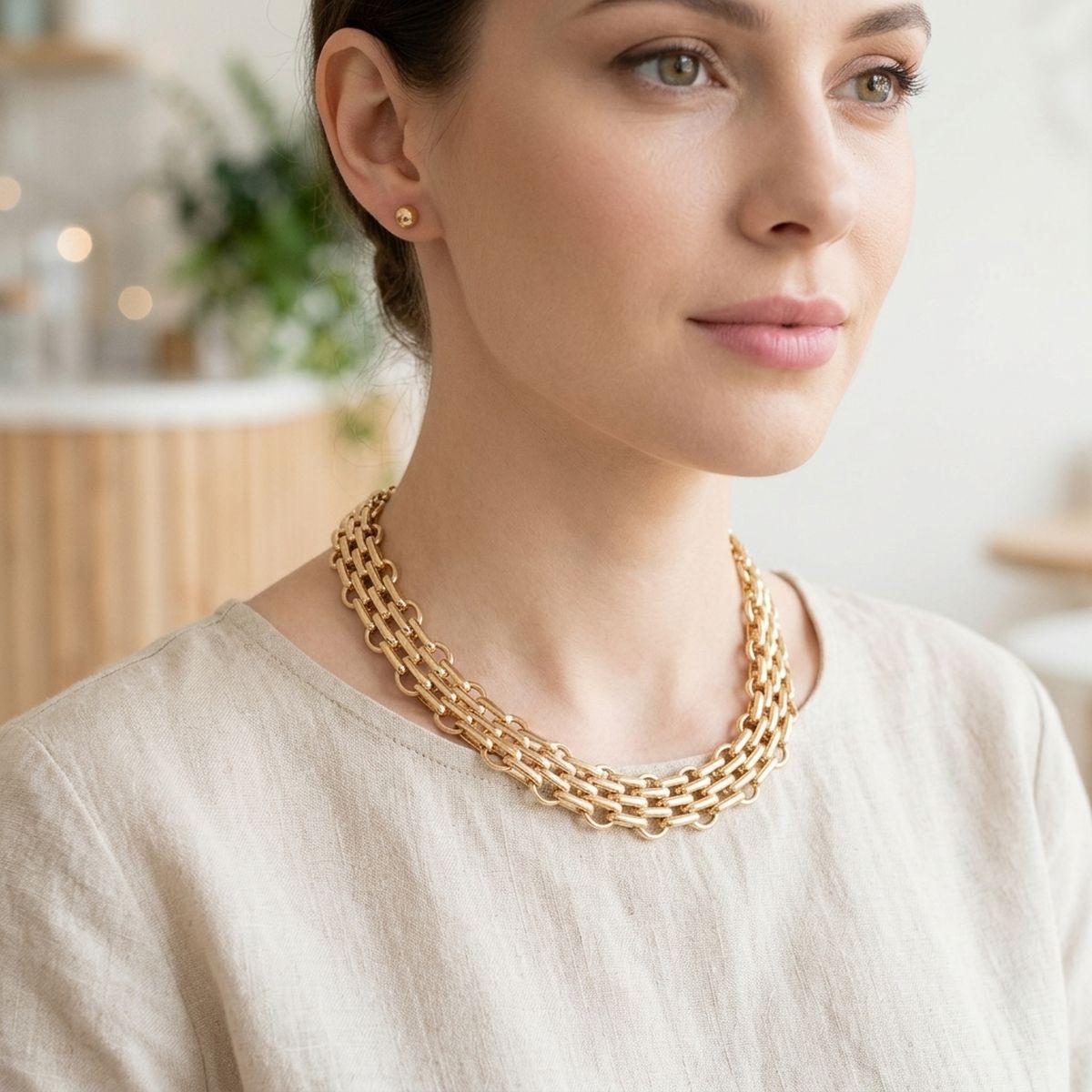 Gold Panther Link Style Chain Necklace Set
